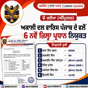 ਅਕਾਲੀ ਦਲ ਵਾਰਿਸ ਪੰਜਾਬ ਦੇ 6 ਨਵੇਂ ਜ਼ਿਲ੍ਹਾ ਪ੍ਰਧਾਨ ਨਿਯੁਕਤ