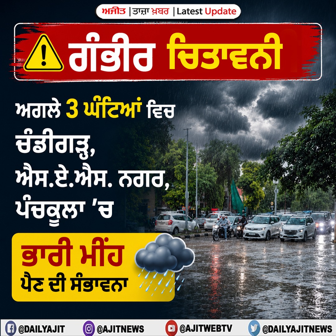 ਅਗਲੇ 3 ਘੰਟਿਆਂ ਵਿਚ ਚੰਡੀਗੜ੍ਹ, ਐਸ.ਏ.ਐਸ. ਨਗਰ, ਪੰਚਕੂਲਾ ਵਿਚ ਭਾਰੀ ਮੀਂਹ ਪੈਣ ਦੀ ਸੰਭਾਵਨਾ