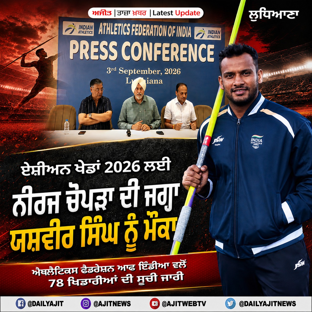 ਏਸ਼ੀਅਨ ਖੇਡਾਂ 2026 ਲਈ ਨੀਰਜ ਚੋਪੜਾ ਦੀ ਜਗ੍ਹਾ ਯਸ਼ਵੀਰ ਸਿੰਘ ਨੂੰ ਮੌਕਾ