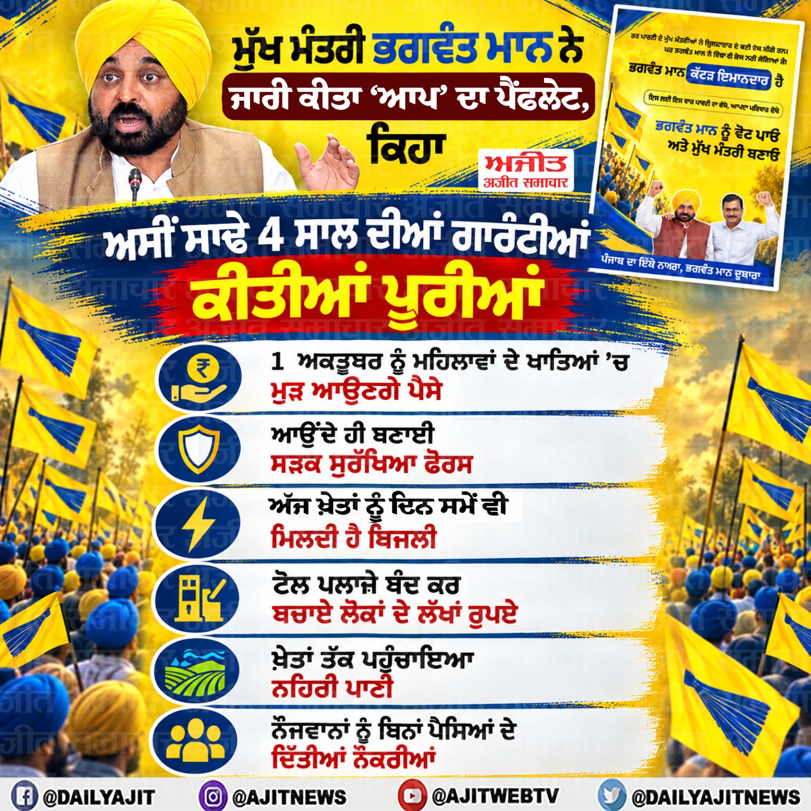1 ਅਕਤੂਬਰ ਨੂੰ ਮੁੜ ਮਹਿਲਾਵਾਂ ਦੇ ਫੋਨਾਂ ’ਤੇ ਹੋਵੇਗੀ ਟੂੰ ਟੂੰ- ਮੁੱਖ ਮੰਤਰੀ ਮਾਨ ਨੇ ਚੋਣ ਪੈਂਫਲਿਟ ਕੀਤਾ ਜਾਰੀ