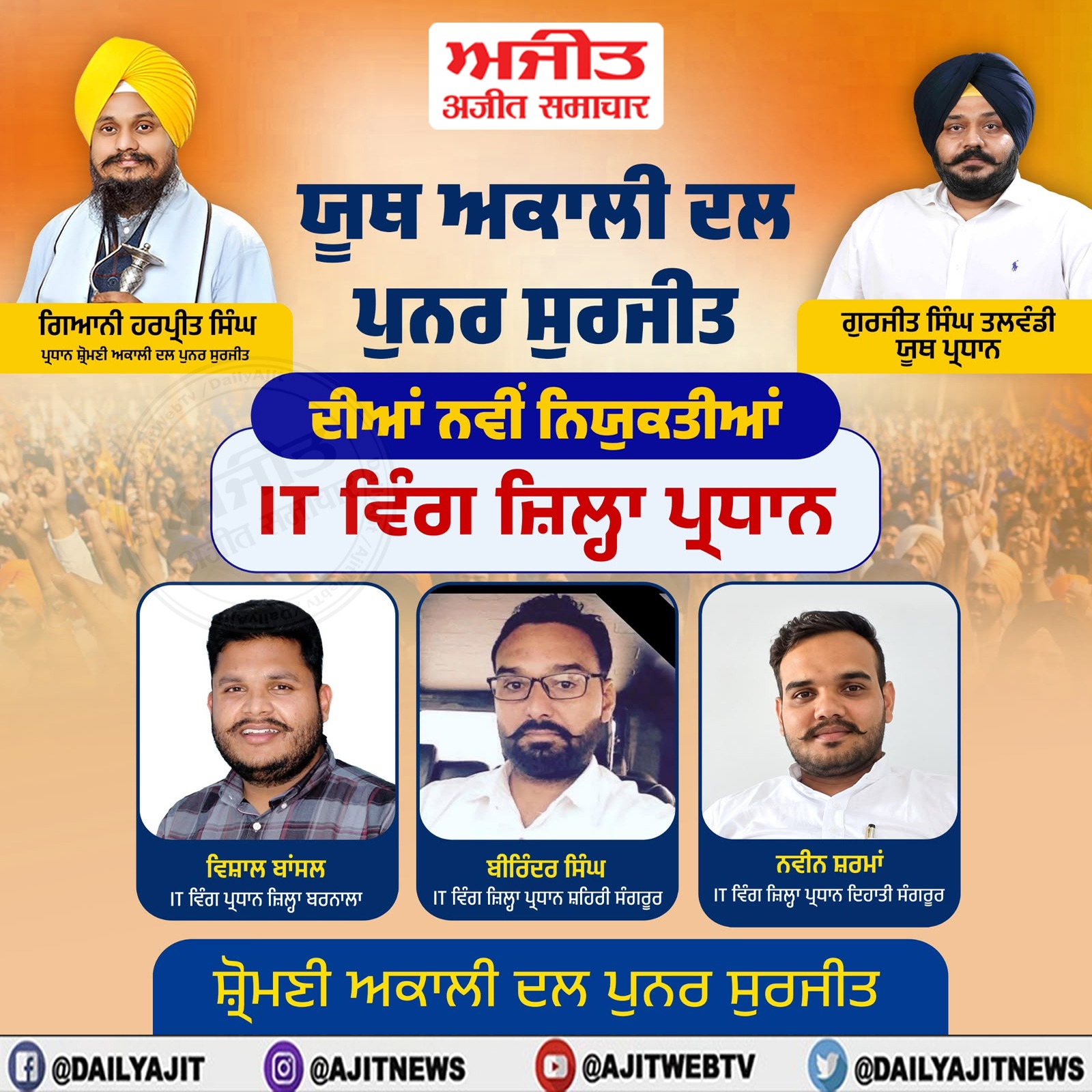 ਸ਼੍ਰੋਮਣੀ ਅਕਾਲੀ ਦਲ (ਪੁਨਰ ਸੁਰਜੀਤ) ਦੇ ਯੂਥ ਪ੍ਰਧਾਨ ਗੁਰਜੀਤ ਸਿੰਘ ਤਲਵੰਡੀ ਵਲੋਂ ਯੂਥ ਵਿੰਗ ਵਿਚ ਨਵੀਆਂ ਨਿਯੁਕਤੀਆਂ