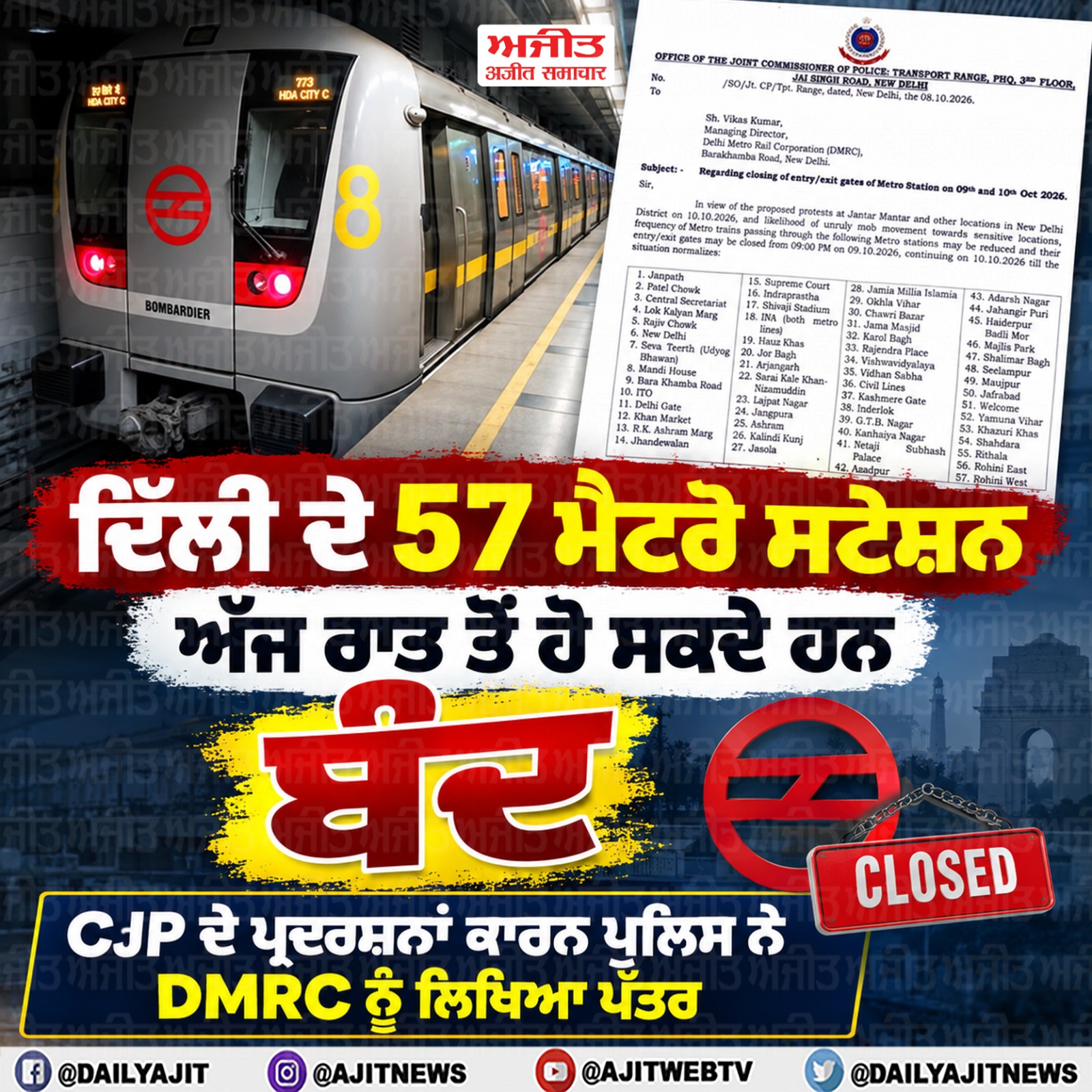 ਦਿੱਲੀ ਦੇ 57 ਮੈਟਰੋ ਸਟੇਸ਼ਨ ਅੱਜ ਰਾਤ ਤੋਂ ਹੋ ਸਕਦੇ ਹਨ ਬੰਦ