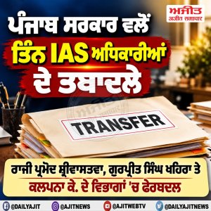 ਪੰਜਾਬ ਸਰਕਾਰ ਵਲੋਂ 3 IAS ਅਧਿਕਾਰੀਆਂ ਦੇ ਤਬਾਦਲੇ, ਵਿਭਾਗਾਂ ਦੀਆਂ ਜ਼ਿੰਮੇਵਾਰੀਆਂ ’ਚ ਵੀ ਫੇਰਬਦਲ