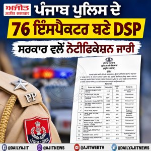 ਪੰਜਾਬ ਪੁਲਿਸ ਦੇ 76 ਇੰਸਪੈਕਟਰ ਤਰੱਕੀ ਉਪਰੰਤ ਬਣੇ ਡੀ.ਐੱਸ.ਪੀ.